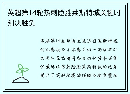 英超第14轮热刺险胜莱斯特城关键时刻决胜负