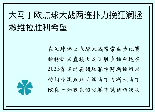 大马丁欧点球大战两连扑力挽狂澜拯救维拉胜利希望