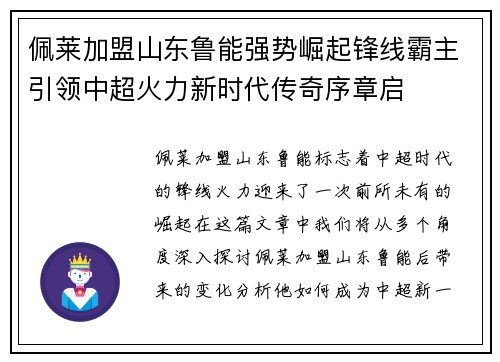 佩莱加盟山东鲁能强势崛起锋线霸主引领中超火力新时代传奇序章启